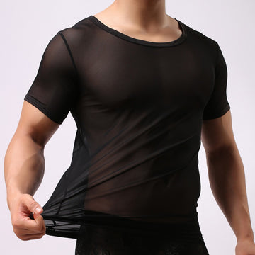 Mens Undershirt Gay clothing Nylon Mesh Shirt See Through Sheer Long Sleeves T Shirts Sexy transparent shirt Underwear